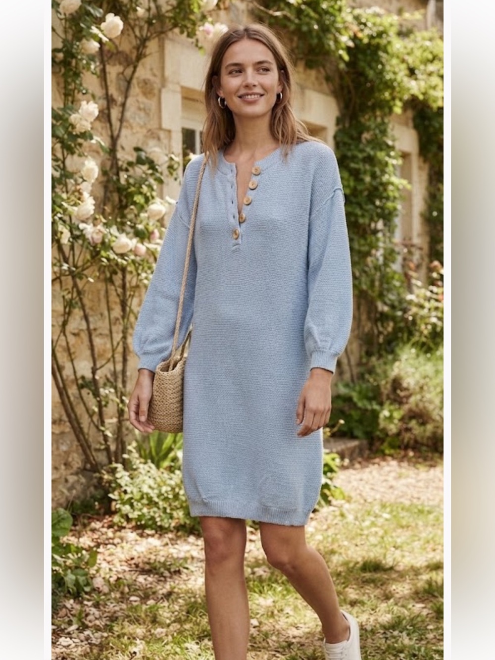 Sky Blue Knit Button-Placket Long Sleeve Dress